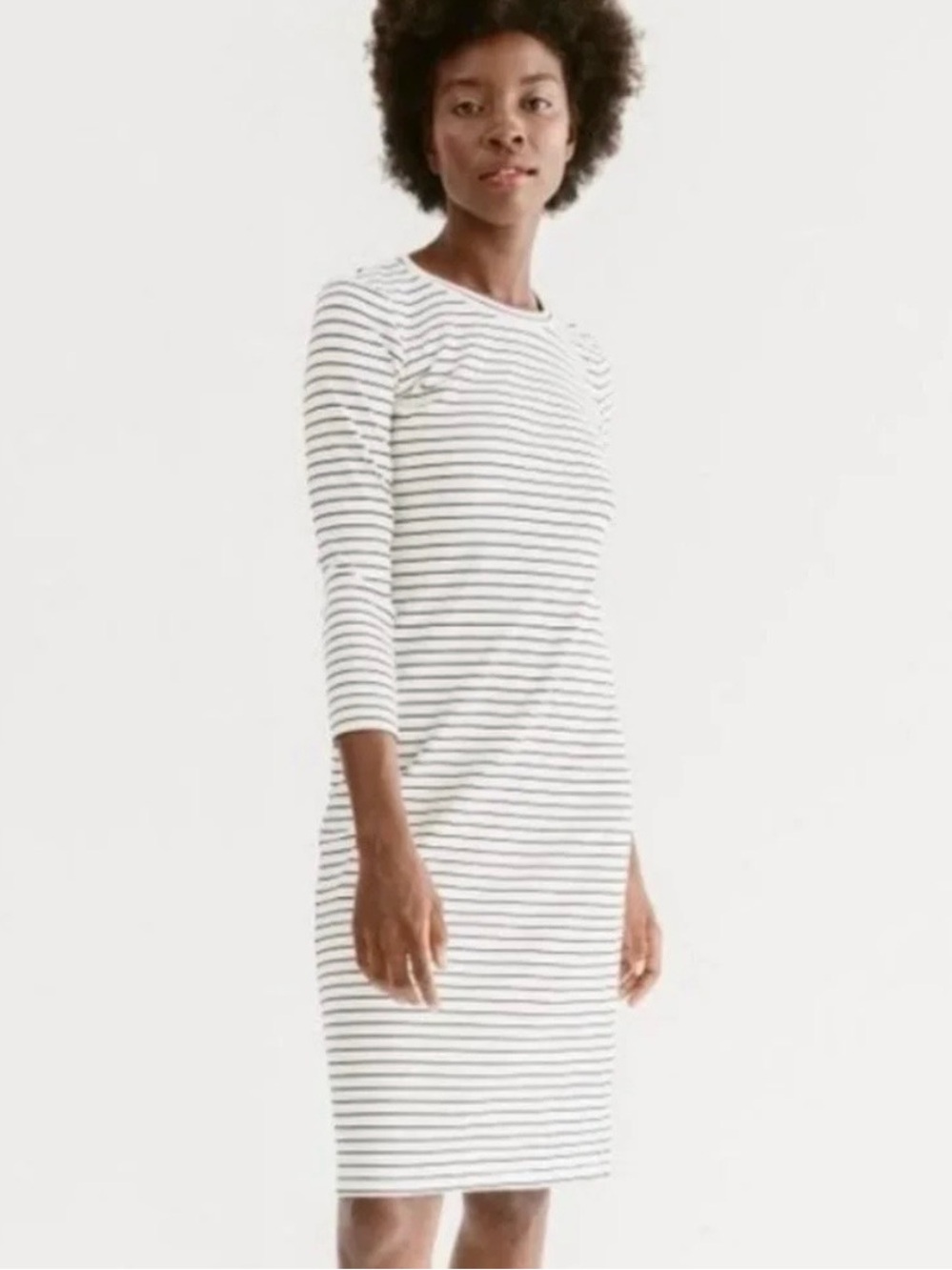 Striped Long Sleeve Midi Dress - White & Navy